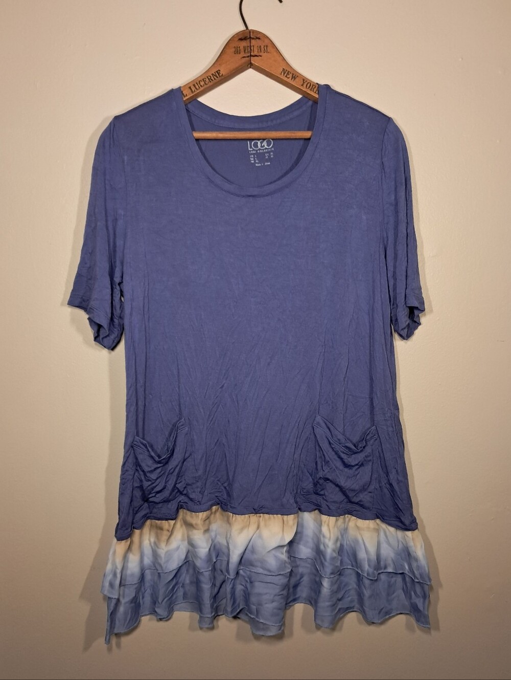 LOGO by Lori Goldstein Blue Short Sleeve Tunic with Pockets And Ruffle Hem